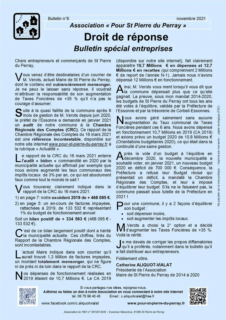 Bulletin 06 - Droit de réponse Bulletin spécial entreprises Catherine Aliquot-Vialat Dominique Verots St Pierre du Perray Bulletin 06 droit de réponse Bulletin spécial entreprises