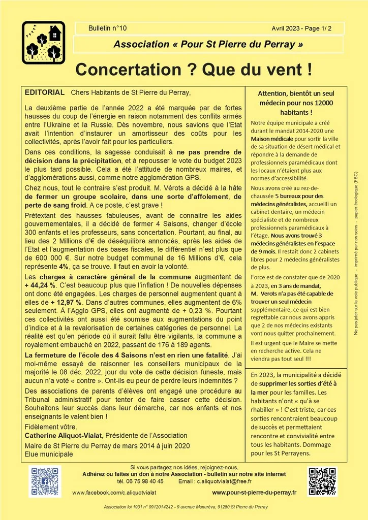 Bulletin 11 - Moins de service - Plus d'impôts (page_1) Catherine Aliquot-Vialat Dominique Verots St Pierre du Perray Bulletin 11 - Moins de services - Plus d'impôts (page_1)