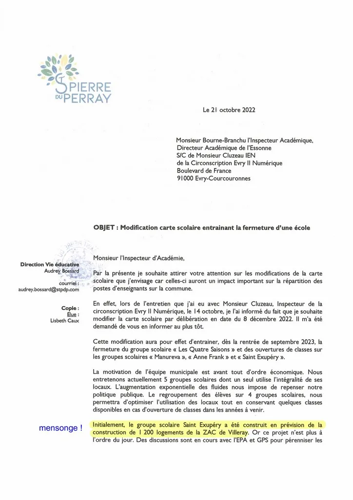 Bulletin 09 - Courrier de M Verots au DASEN Catherine Aliquot-Vialat St Pierre du Perray - Courrier de M Verots au DASEN le 21 oct 2022