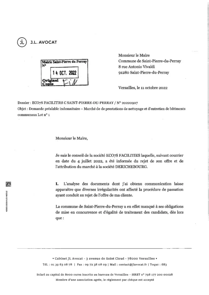 Courrier de l'avocat de ECO7S Facilities du 14 oct. 2022 - page 1 Courrier de l'avocat de ECO7S Facilitiés - Catherine Aliquot-Vialat Dominique Verots St Pierre du Perray