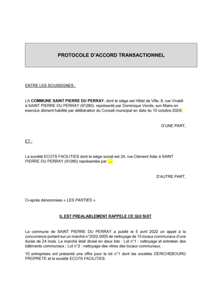 Protocole d'accord transactionnel avec la sté ECO7S - page 1 Protocole d'accord transactionnel avec la sté ECO7S page 1 - Catherine Aliquot-Vialat Dominique Verots St Pierre du Perray
