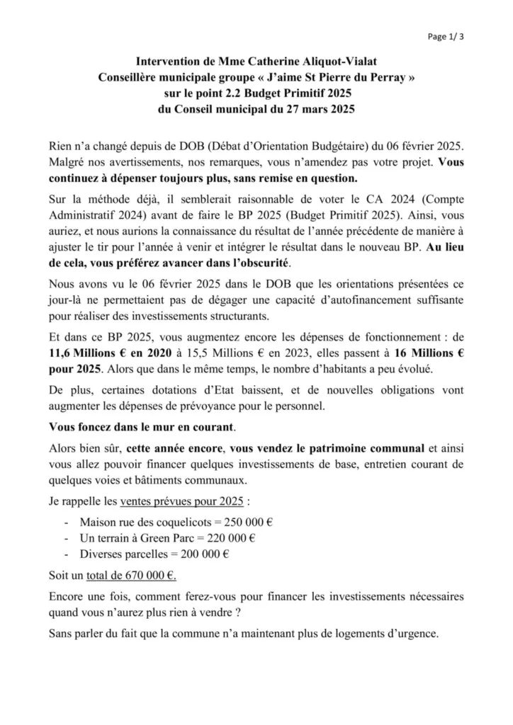 Intervention de Catherine Aliquot-Vialat sur le BP 2025 de St Pierre du Perray - page 01 Intervention de Catherine Aliquot-Vialat sur le BP 2025 de St Pierre du Perray - page 01