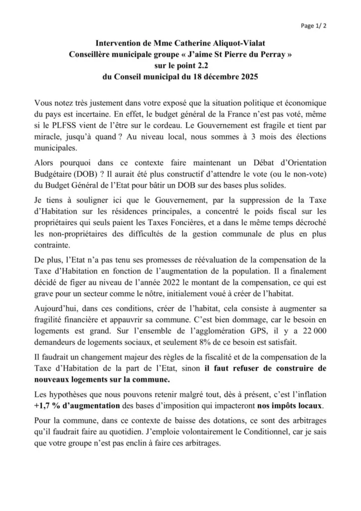 Intervention de Catherine Aliquot-Vialat sur le BP 2025 de St Pierre du Perray - page 01 Intervention de Catherine Aliquot-Vialat sur le BP 2025 de St Pierre du Perray - page 01