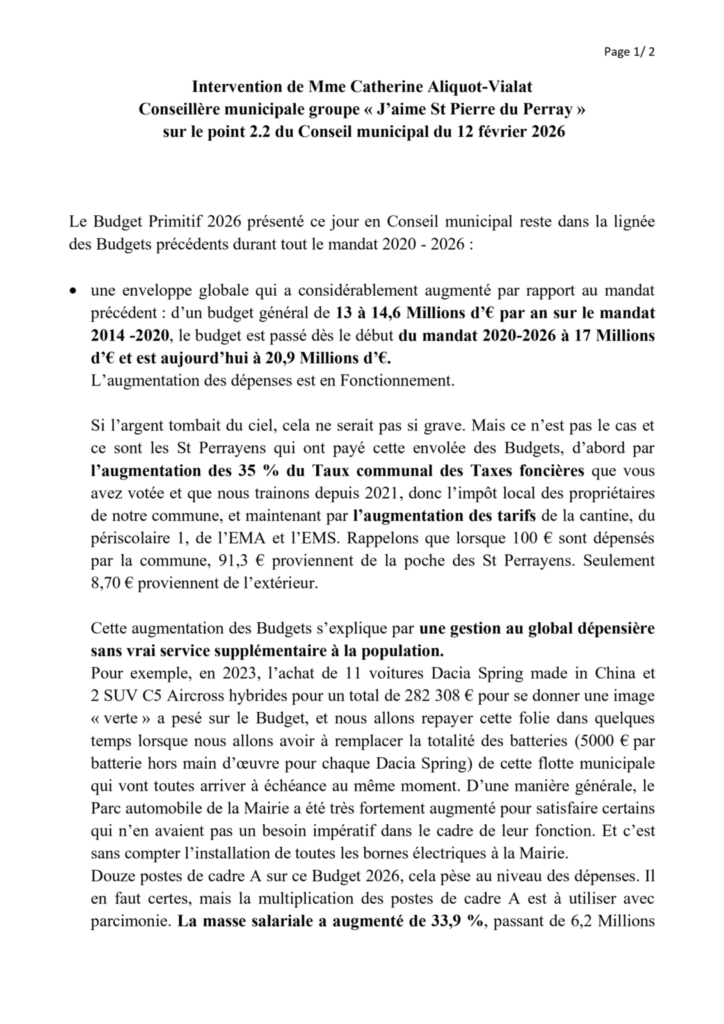 Budget Primitif BP 2026 de St Pierre du Perray - Intervention de Catherine Aliquot-Vialat Budget Primitif BP 2026 de St Pierre du Perray - Intervention de Catherine Aliquot-Vialat page 01