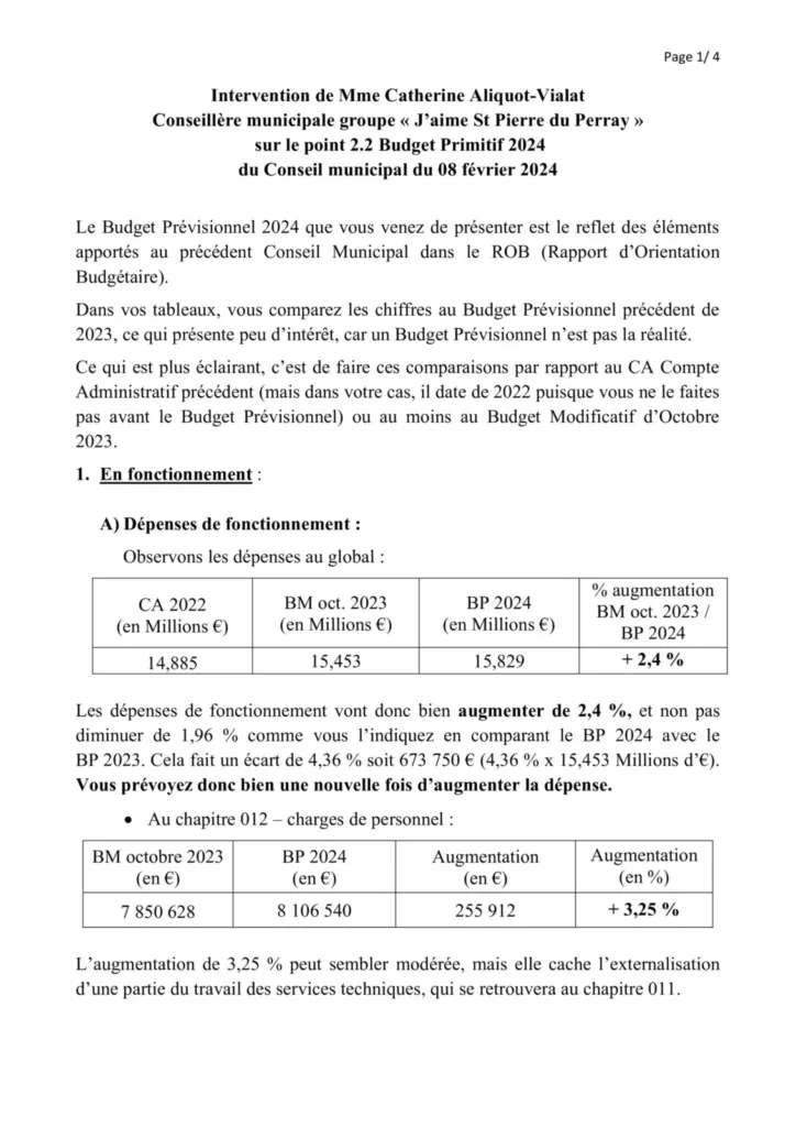 Catherine Aliquot-Vialat Budget Primitif 2024 de St Pierre du Perray - page 01 Catherine Aliquot-Vialat Dominique Verots St Pierre du Perray Débat Budget Primitif 2024 de St Pierre du Perray - page 01