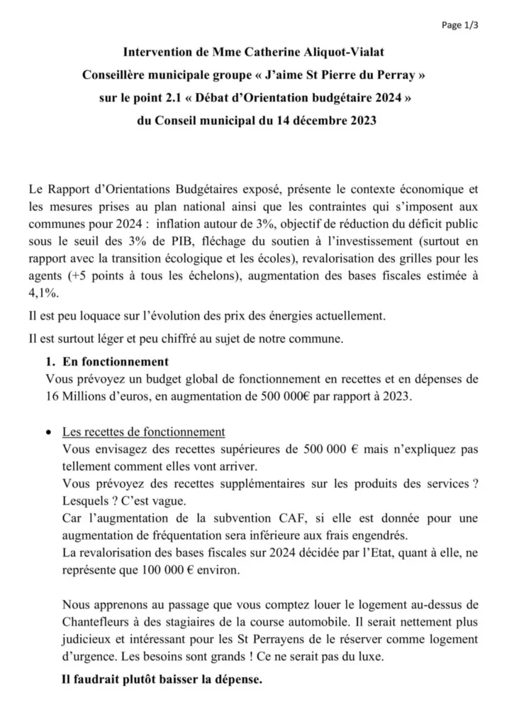 Catherine Aliquot-Vialat Débat d'Orientation Budgétaire 2024 de St Pierre du Perray - page 01 Catherine Aliquot-Vialat Dominique Verots St Pierre du Perray Débat d'Orientation Budgétaire 2024 de St Pierre du Perray - page 01