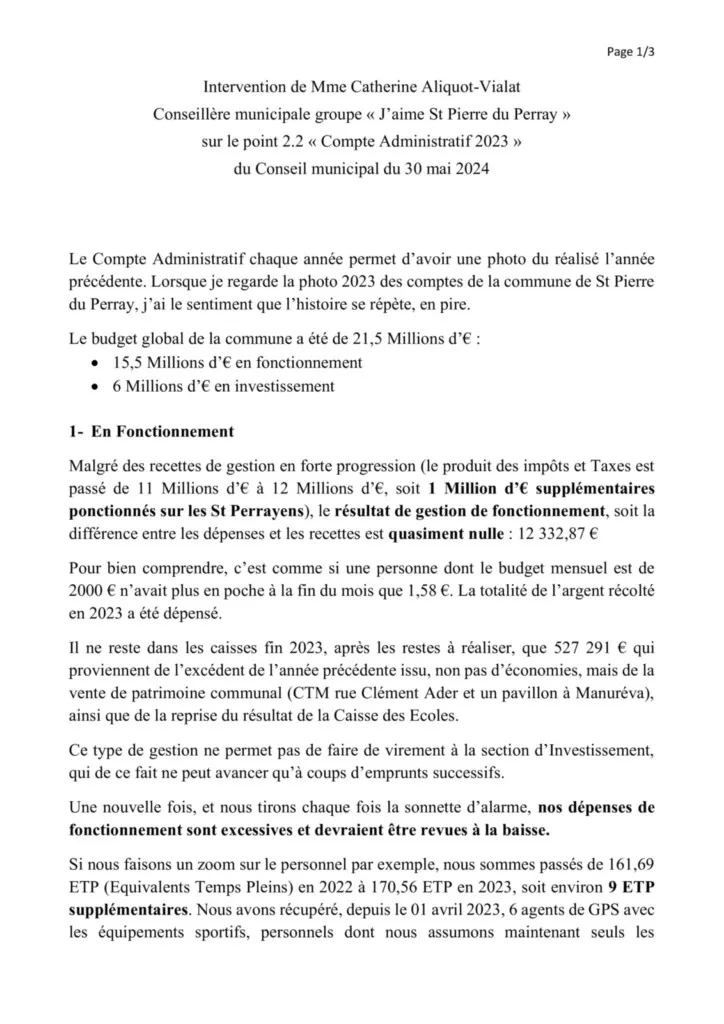 Catherine Aliquot-Vialat Budget Primitif 2024 de St Pierre du Perray - page 01 Catherine Aliquot-Vialat Dominique Verots St Pierre du Perray Débat Budget Primitif 2024 de St Pierre du Perray - page 01