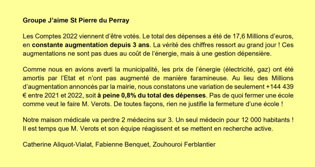 Tribune d'expression libre juin 2023 Catherine Aliquot-Vialat Dominique Verots groupe j'aime st pierre du perray juin 2023