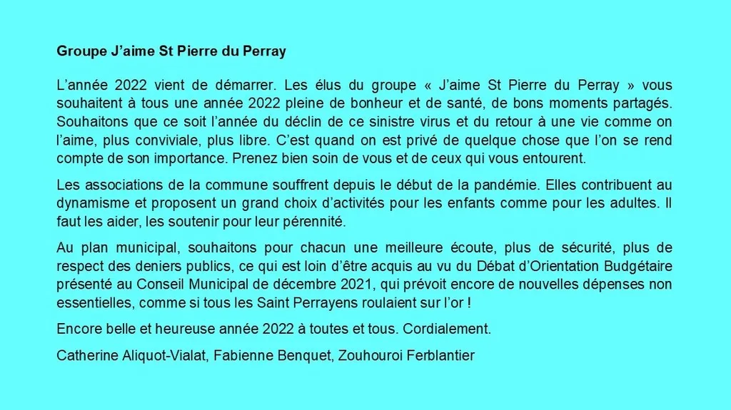 Tribune d'expression libre janvier 2022 Catherine Aliquot-Vialat Dominique Verots groupe j'aime st pierre du perray janvier 2022