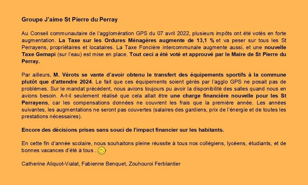 Tribune d'expression libre juin 2022 Catherine Aliquot-Vialat Dominique Verots groupe j'aime st pierre du perray juin 2022