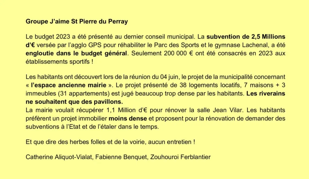Tribune d'expression libre juin 2024 Catherine Aliquot-Vialat Dominique Verots groupe j'aime st pierre du perray juin 2024