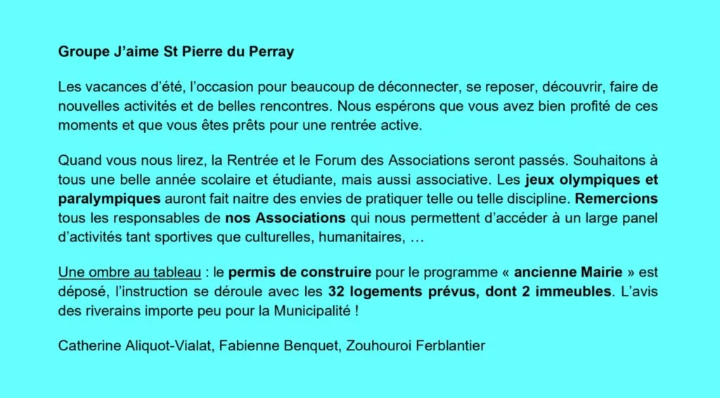 Tribune d'expression libre septembre 2024 Catherine Aliquot-Vialat Dominique Verots groupe j'aime st pierre du perray septembre 2024