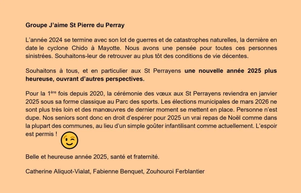 Tribune d'expression libre janvier 2025 Catherine Aliquot-Vialat Dominique Verots groupe j'aime st pierre du perray janvier 2025
