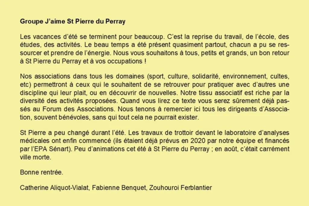 Tribune d'expression libre sept 2022 Catherine Aliquot-Vialat Dominique Verots groupe j'aime st pierre du perray sept 2022