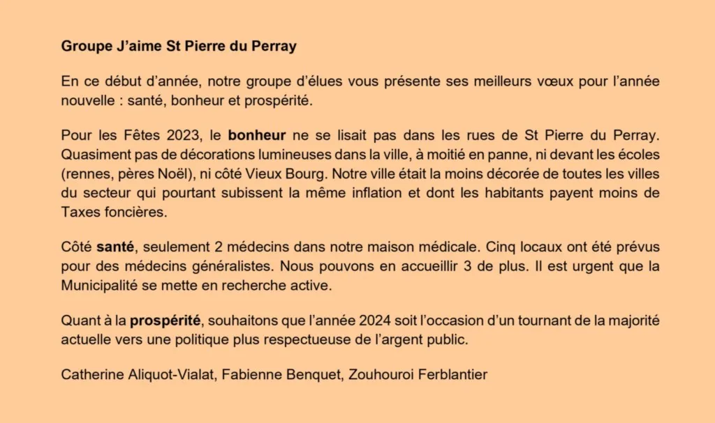 Tribune d'expression libre janvier 2024 Catherine Aliquot-Vialat Dominique Verots groupe j'aime st pierre du perray janvier 2024