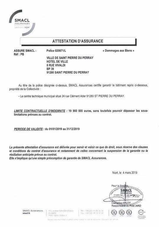 Attestation d'Assurance SMACL du CTM rue Clément Ader Catherine Aliquot-Vialat Attestation d'Assurance SMACL du CTM rue Clément Ader St Pierre du Perray Parc Spirit